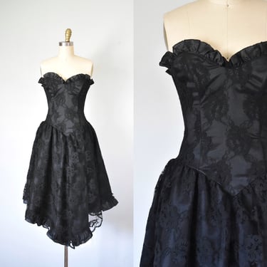 Diane’s Leaf vintage 80s lace dress, strapless ruffle black party dress, lace cocktail dress, Madonna, 1980s vintage, erstwhile style 