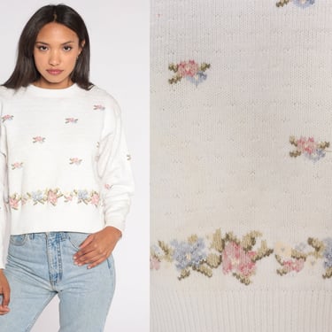White Floral Sweater 90s Cotton Ramie Sweater Cropped Sweater Button Shoulder Textured Knit Slouchy 1990s Pullover Vintage Medium Large 