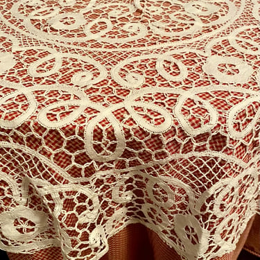 Beautiful Round Antique Embroidery Table Overlay Tablecloth~ Stunning Delicate Venetian Ecru Tattered embroidery, French Floral Linens 