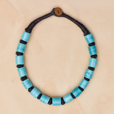 1960's India Handmade Blue Barrel Bead Necklace, Chunky Black Cord & Toggle Clasp, Bohemian Jewelry, 19