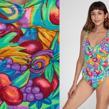 Fruit Print Swimsuit 80s One Piece Bathing Suit Grape Fruits Peach Swim Suit Colorful Criss Cross Low Open Back Vintage 1980s Medium Large 