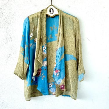 Vintage Silk Kimono Cardigan Top Japanese Asian Floral Open Concept Sheer Chiffon Shirt 