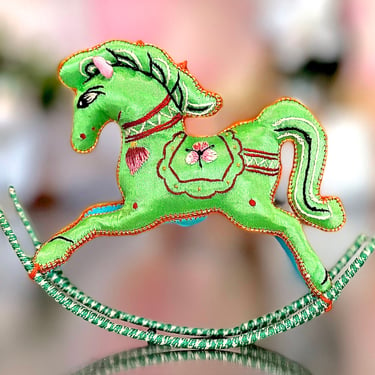 VINTAGE: Chinese Embroidered Silk Rocking Horse Ornament - Stuffed Fabric Ornaments - Bohemian Silk -Handmade Ornaments 