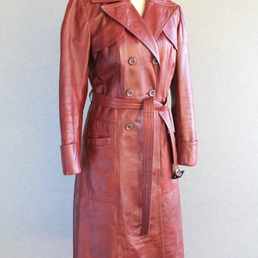 1970s - Leather Trench Coat - Spy - Mob Wife - Estimated Size S 