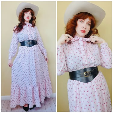 1980s Vintage Pastel Pink Floral Bow Tie Blouse and Skirt / 80s Calico Western Shirt and Ruffled Cotton Prairie Skirt / Large 