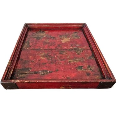 Antique Chinese Metal Mounted Red Lacquered Square Wooden Tray 