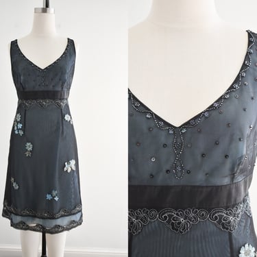 1990s/Y2K Black Mesh Beaded and Embroidered Dress 