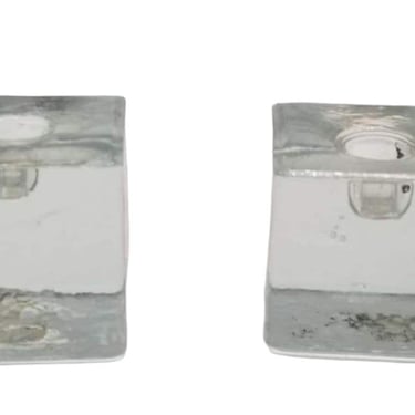 Vintage Mid-century Scandinavian Cube Crystal Candlestick Holder Pair 
