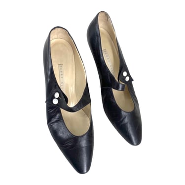 80s PERRY ELLIS Mary Janes shoes sz 10, vintage 1980s black leather 1920s dance shoes, 90s high heels 