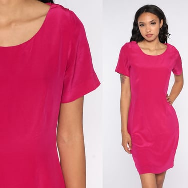 Hot Pink Silk Dress Mini Dress Shift Dress 90s Short Sleeve Vintage 1990s Simple Plain Minimalist Normcore Small 6 Petite 
