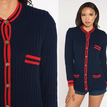 70s Cardigan I Magnin Sweater Navy Blue Retro Button Up Sweater Red Knit Fitted Sweater Boho Seventies Knitwear Vintage 1970s Preppy Small 