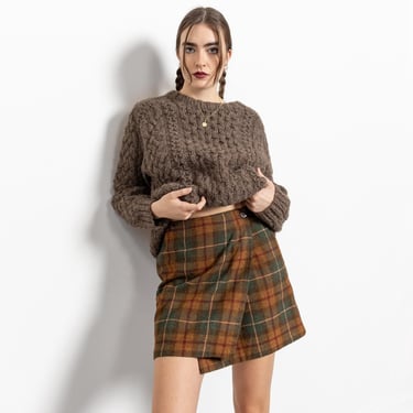 HIGH RISE PLAID Wool Mini Skirt Vintage Wrap Fall Colors Brown Green  / 27 Inch Waist / Size 6 