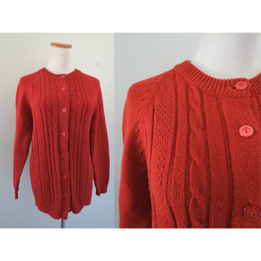 Vintage Cardigan Sweater Terracotta Knit Button Front Grandma Boho Hippie Size Medium Large 