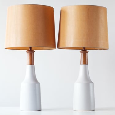 Gordon & Jane Martz / Marshall Studios Ceramic Table Lamps, White Glaze with Walnut Necks 