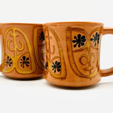 One Set Retro Style Circa 1970 Bohemian Stoneware Coffee / Tea Vintage Mugs by LeChalet