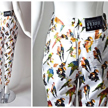 vtg 1990s GianFranco Ferre Jeans white + colorful tropical parrot satin pants | 1990s y2k exotic bird | size 28x40 | skinny slim leg rainbow 