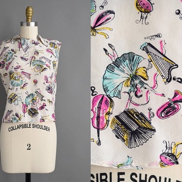 vintage 1940s blouse | Rare Ballet & Harp Musical Instrument Silk Blouse |   xs - small 