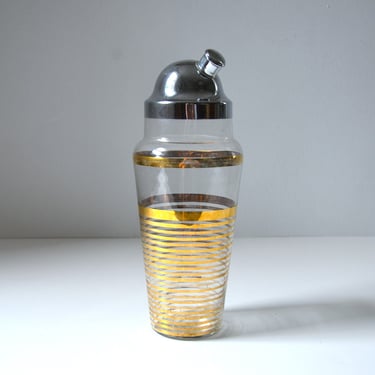 Large Vintage Glass Cocktail Shaker with Gold Stripes, Retro Barware 