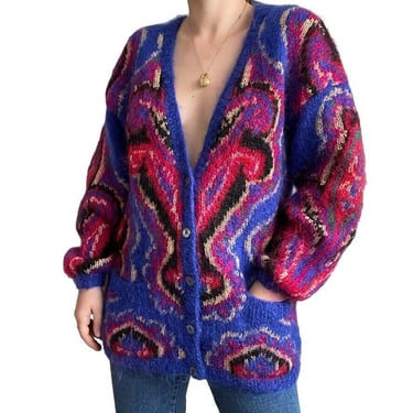Vintage 80s Womens Hand Knit Mohair Rainbow Geometric Fluffy Cardigan Jacket 