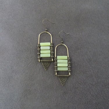 Jadeite and antique bronze earrings, ethnic statement earrings, African Afrocentric earrings 