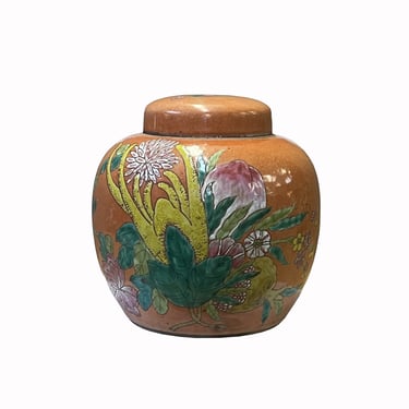 Oriental Orange Base Flowers Graphic Porcelain Round Jar ws2564E 