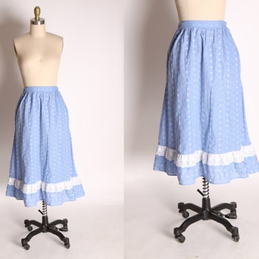 1970s Blue and White Floral Eyelet Lace Ruffle Trim Cottagecore Prairie Skirt by Lori of California -S 