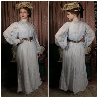 Antique Edwardian Gown - Exquisite Edwardian Ensemble c. 1903-04 in Powder Blue Cotton Voile with Inset Lace 