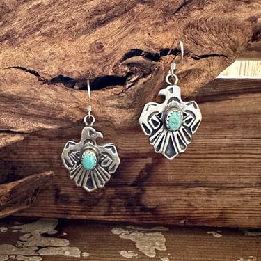 ROBERTA BEGAY Sterling Silver & Turquoise Thunderbird Earrings | Fred Harvey Era Style Bird Dangle Earrings | Native American Navajo 