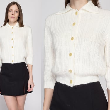 Small 70s White Knit Cropped Cardigan | Vintage Button Up 3/4 Sleeve Sweater 