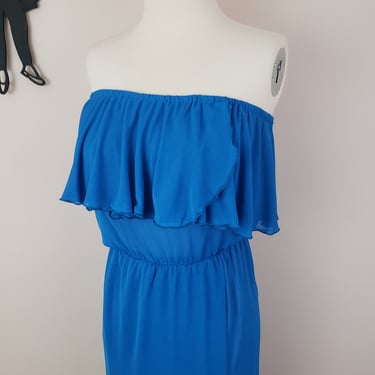 Vintage 1970's Blue Disco Dress / 70s Polyester Strapless Dress XS 