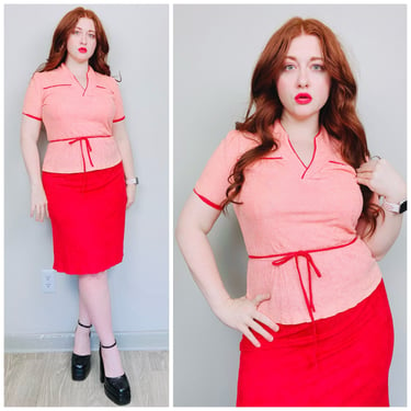 1970s Vintage Peach and Red Terry Cloth Dress / 70s / Seventies Peplum Belted Cap Sleeve Wiggle Dress / Medium 