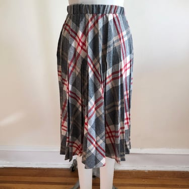 Grey, Cream, and Red Plaid Pleated Midi-Skirt - 1980s 