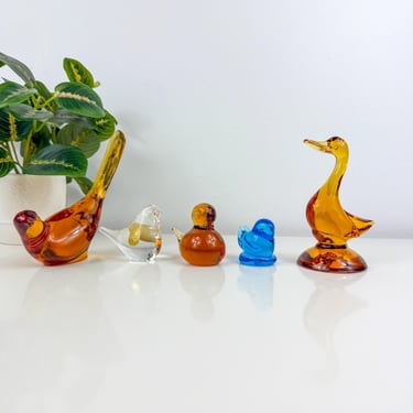 Vintage Glass Figurines, Sold Individually:  Viking MCM Amber Duck, Blue Bird of Happiness, Fenton Amber Glass Bird, Strauss Crystal Bird 