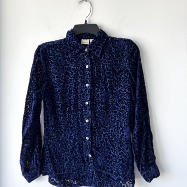 Y2K Merona Top Button Up Velvet Burnout Blue Silk Blouse Womens XS Whimsigoth 