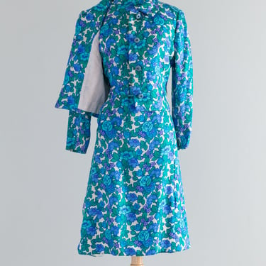 Fabulous 1960's Blue Floral Silk Dress &amp; Jacket Set By Milton Saunders / ML