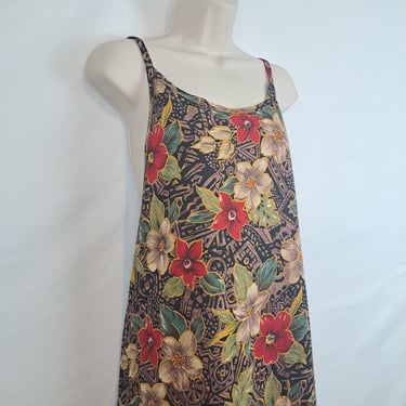Vintage 90s Brown & Red Tropical Tank Dress, Plus Size 