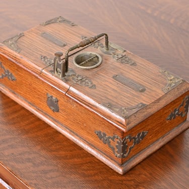 Antique English Victorian Oak and Brass Cigar / Cigarette Box
