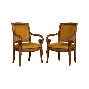 Antique French Louis Philippe Style Walnut Armchairs W/ Golden Yellow Velvet - A Pair 