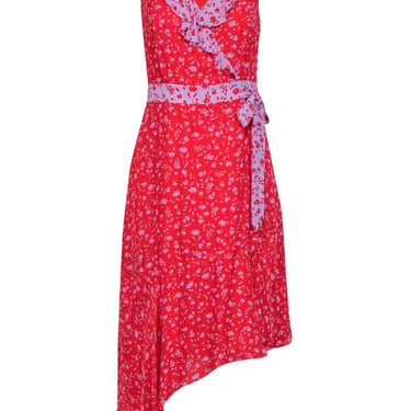 Parker - Red &amp; Lilac Contracting Floral Print Silk Faux-Wrap Midi Dress w/ Ruffle Details &amp; Asymmetrical Hemline Sz 2