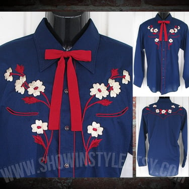 Vintage Men's Cowboy & Rodeo Shirt by The Hustler Collection, Navy Blue with Embroidered White and Red Flowers, 17-35 XL (see meas. photo) 