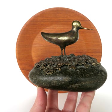 Brutalist Brass Duck And Stone Sculpture, 1970s Large Studio Mixed Metal Art Statue of Waterfowl Bird 