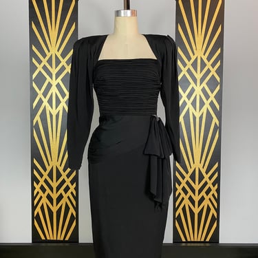 Vintage cocktail dress, Black rayon crepe, 1980s evening dress, hourglass, b b collection, size small, ruched, open back, 80s does 50s 