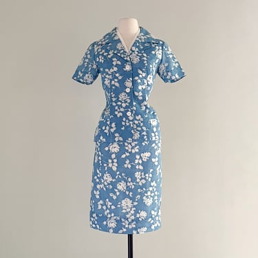 1960's Bouquet Blue and Ivory Rose Printed Set / Sz XS/S