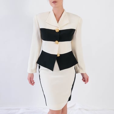 Vintage 80s Kathryn Dianos Ivory & Black Colorblock Skirt Suit w/ Gold Thorn Wrapped Pearl Buttons | Made in USA | 1980s Designer Skirt Suit 