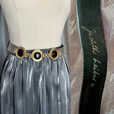 Judith Leiber Statement Belt, Large Cabochon Buckle, Gray Leather Reptile, Signed, Vintage 