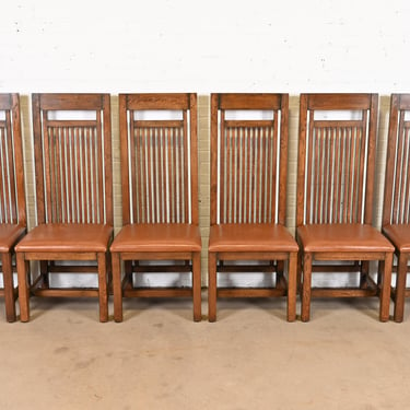 Frank Lloyd Wright Arts & Crafts Oak and Leather High Back Dining Chairs, Set of Six