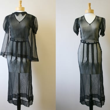 1930s Black Net Dress and Vest 