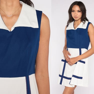 60s Dress Mod Mini Dark Blue White Checkered Gogo 70s COLOR BLOCK Fit and Flare High Waisted Vintage A-Line Sleeveless 1960s White Medium 