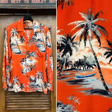 Vintage 1950’s Orange Crepe Tropical Tiki Long Sleeve Hawaiian Shirt, 50’s Loop Collar Shirt, Vintage Clothing 