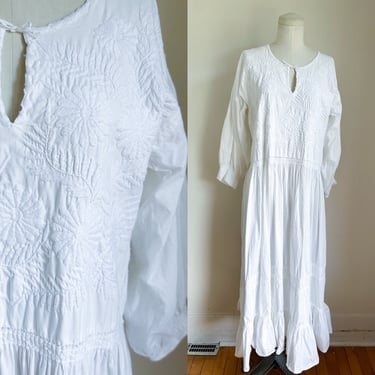 Vintage 1970s White Embroidered Peasant Dress / L 